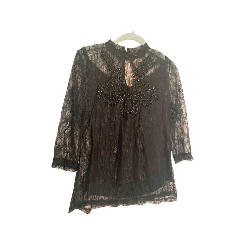 Joyfolie Black Lace Gem Blouse Size Medium